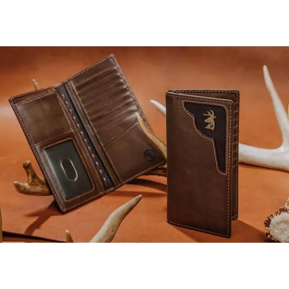 Men's Deer Ornament Long Bifold Leather Brown Wallet Purse Card Design Grain